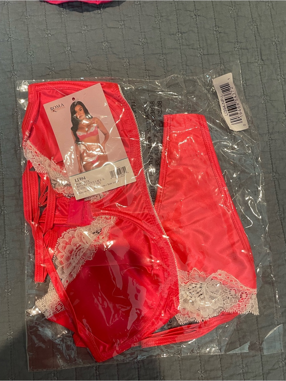 Roma Red Satin Bra & Panty Set with White Lace Trim